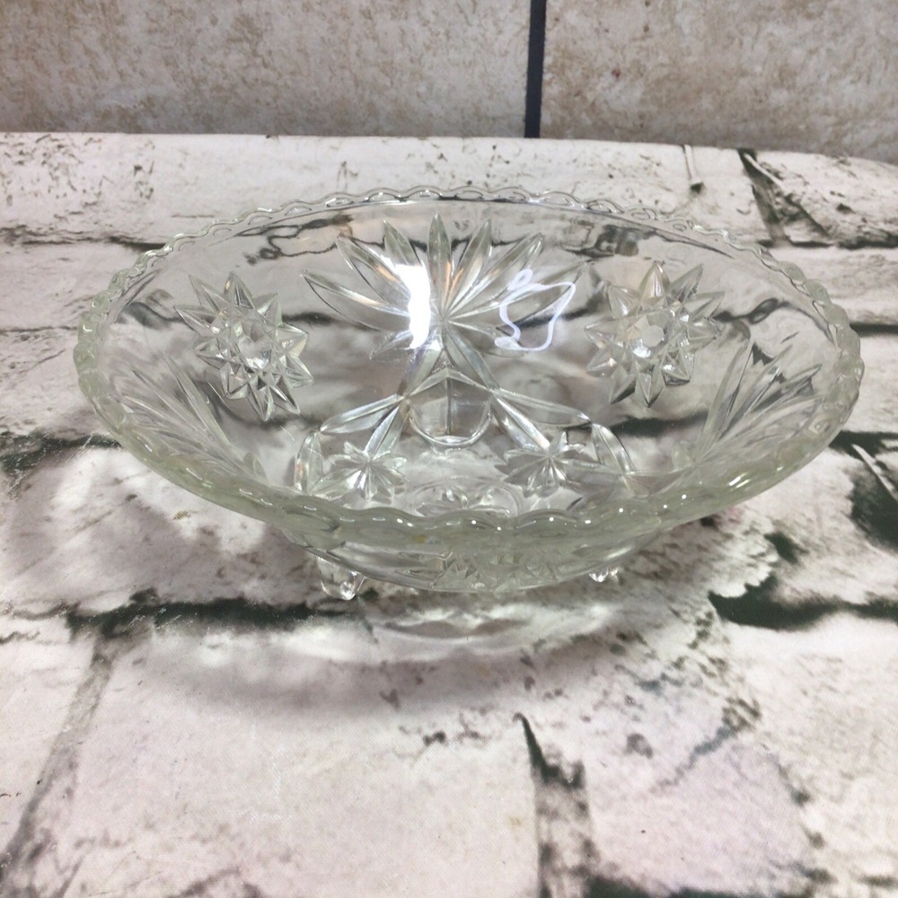 Vintage Candy‎ Dish Crystal Cut Star Of David Pattern Footed Glass Bowl